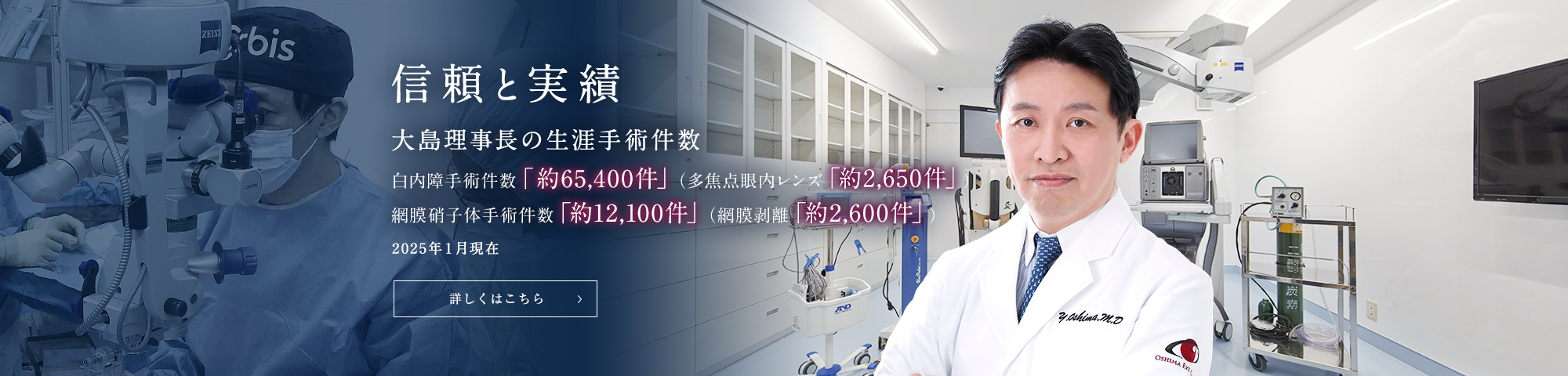 信頼と実績　大島理事長の生涯手術件数：白内障手術件数「約63,200件」　（多焦点レンズ「約2,500件」）硝子体手術件数「約11,800件」（網膜剥離「約2,500件」）令和6年4月現在