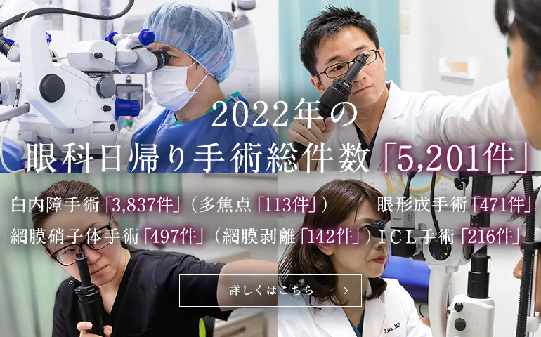 2022年の眼科日帰り手術総件数「5,201件」白内障手術「3,837件」（多焦点「113件」）　眼形成手術「471件」網膜硝子体手術「497件」（網膜剥離「142件」） ICL手術「216件」