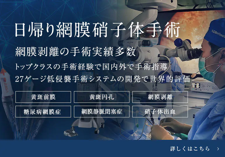 日帰り網膜硝子体手術 網膜剥離の手術実績多数 トップクラスの手術経験で国内外で手術指導 27ゲージ低侵襲手術システムの開発で世界的評価 黄斑前膜 黄斑円孔 網膜剥離 糖尿病網膜症 網膜静脈閉塞症 硝子体出血